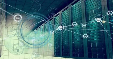 Image of data processing, network of connections with globe icons over computer Stock Illustration