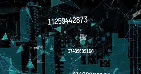 Image of data processing with network of connections and cityscape on black 스톡 사진