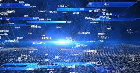 Image of data processing with network of connections over shapes on black Foto stock