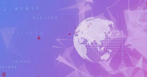Image of data processing with network of connections over globe on purple 写真素材
