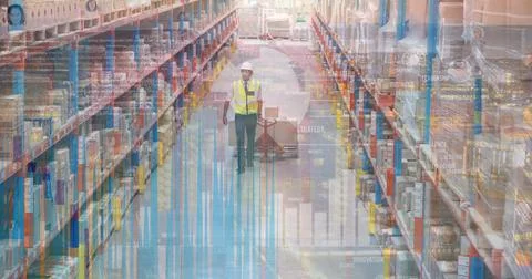 Image of data processing one man working in warehouse 写真素材