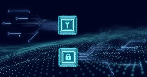 Image of data processing with online security key over computer circuit board Stock Illustration