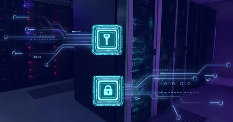 Image of data processing with online security key over computer circuit board Stock Illustration
