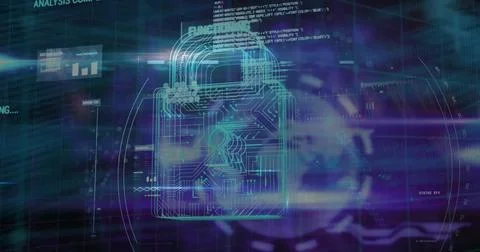 Image of data processing online security padlock and circuit board Foto stock