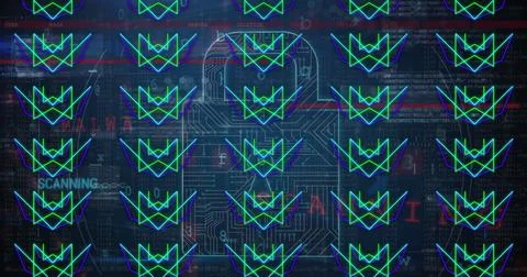 Image of data processing, online security padlock and circuit board Stock Photos