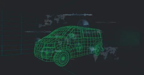 Image of data processing over 3d car model over grid on black background Stock Illustration