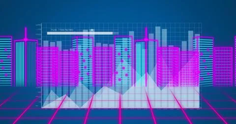 Image of data processing over 3d cityscape Stock Photos