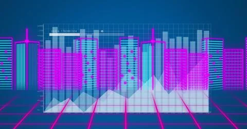 Image of data processing over 3d cityscape Stock Photos