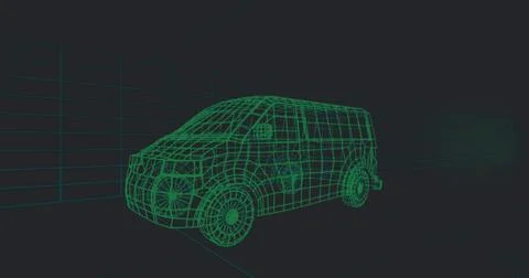 Image of data processing over 3d car model over grid on black background 库存照片