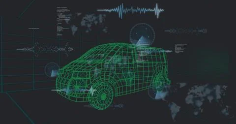 Image of data processing over 3d car model over grid on black background Stock Photos