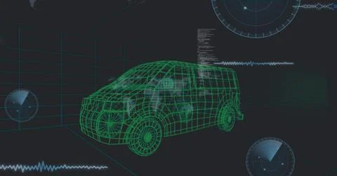 Image of data processing over 3d car model over grid on black background 库存照片