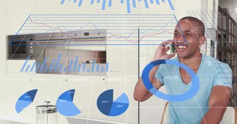 Image of data processing over african american man using smartphone Stock Illustration