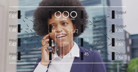 Image of data processing over african american woman using smartphone Stock Illustration