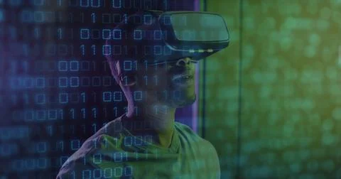 Image of data processing over african american male server room worker using vr Stock Illustration