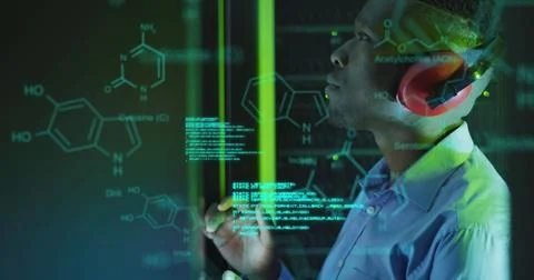 Image of data processing over african american male server room worker using Stock Illustration