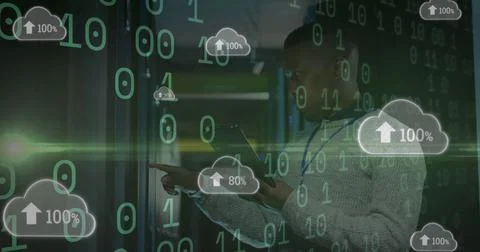 Image of data processing over african american male server room worker Illustrazione stock