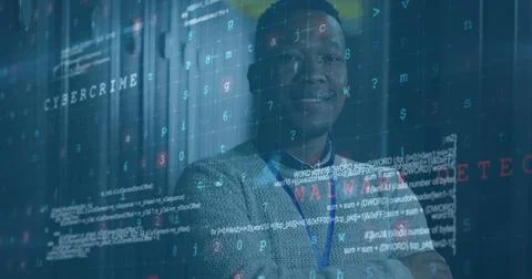 Image of data processing over african american male server room worker 库存插图