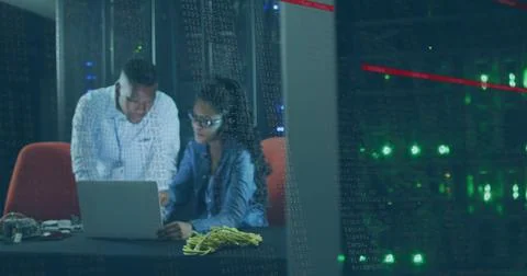 Image of data processing over african american couple server room workers using Stock Illustration