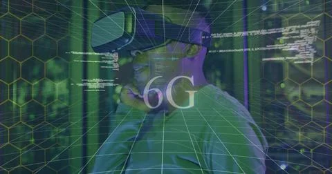 Image of data processing over african american male server room worker using vr 스톡 일러스트