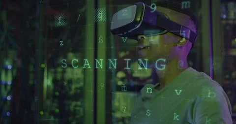 Image of data processing over african american male server room worker using vr Illustrazione stock