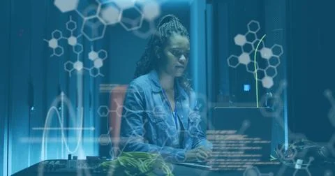 Image of data processing over african american female server room worker using Stock Illustration