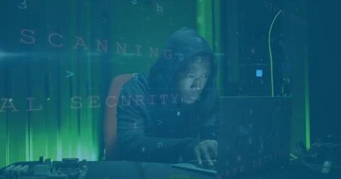 Image of data processing over african american male hacker 스톡 일러스트