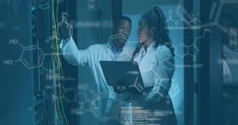 Image of data processing over african american couple server room workers Stock Illustration