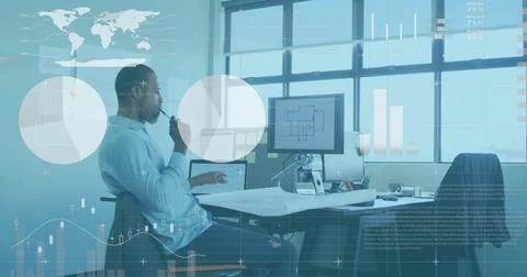 Image of data processing over african american businessman using computer Illustrazione stock