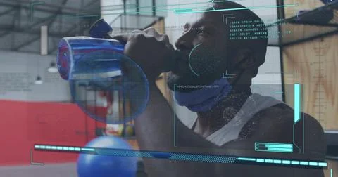 Image of data processing over african american men drinking water Stockillustratie