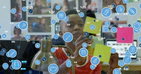 Image of data processing over african american businesswoman taking notes Illustrazione stock