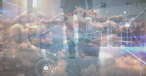 Image of data processing over african american businessman walking イラスト素材