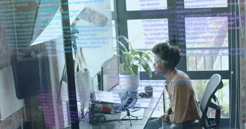 Image of data processing over african american businessman in office Foto stock