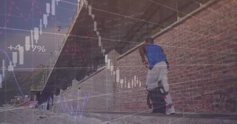Image of data processing over african american man running outdoors Foto stock