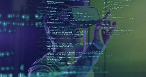 Image of data processing over african american man working on laptop in server Foto stock