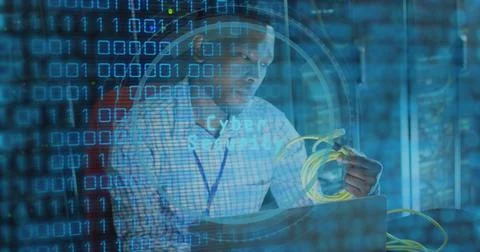 Image of data processing over african american male worker in server room Stock-Fotos