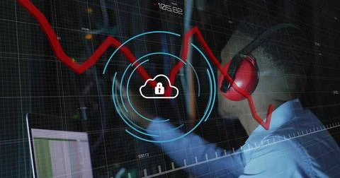 Image of data processing over african american male worker in server room Stock-Fotos