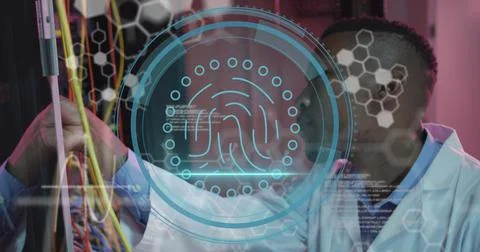 Image of data processing over african american male worker in server room Stock-Fotos