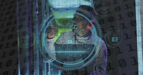 Image of data processing over african american male worker in server room Stock-Fotos