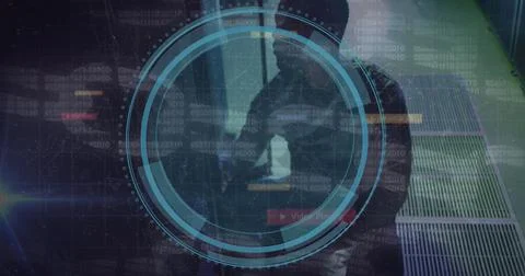 Image of data processing over african american male worker in server room Stock Photos