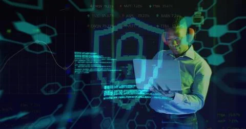 Image of data processing over african american male worker in server room 스톡 사진