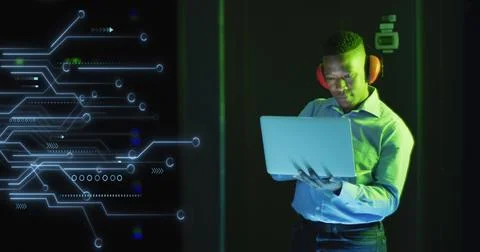 Image of data processing over african american male it engineer and computer Stock Photos