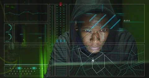 Image of data processing over african american male hacker with computer and 스톡 사진