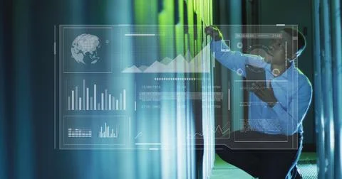 Image of data processing over african american male it engineer and computer 스톡 사진