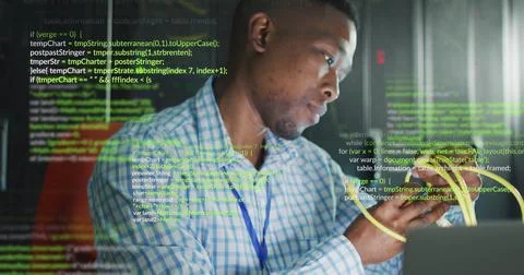 Image of data processing over african american male it engineer and computer Stock Photos