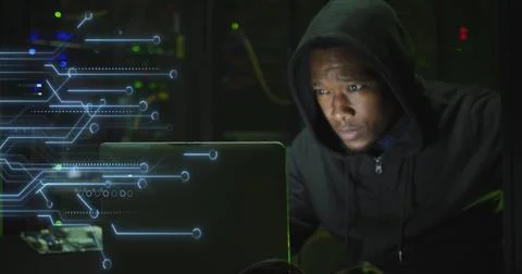Image of data processing over african american male hacker with computer and Stock Photos