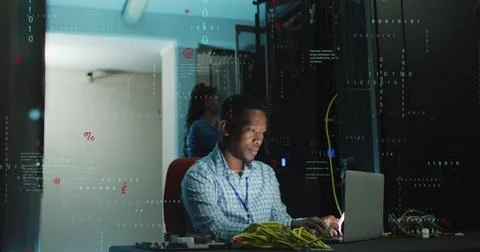 Image of data processing over african american male it engineer and computer Foto stock