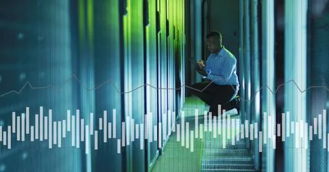 Image of data processing over african american male it engineer and computer 写真素材