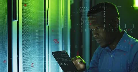 Image of data processing over african american male it engineer and computer Stock Photos