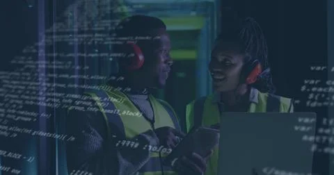 Image of data processing over african american couple server room workers using 스톡 사진