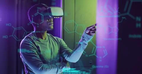 Image of data processing over african american male server room worker using vr Foto stock